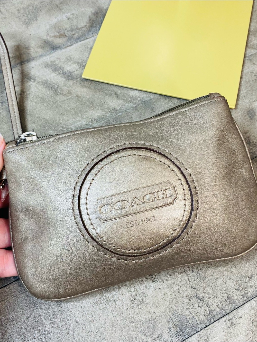 Coach Metallic Bronze Leather Wristlet Clutch Pouch Embossed Logo Rare VTG - Picture 5 of 6
